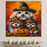 Lhasa Apso Dog Halloween Canvas Wall Art with Witch Hat and Pumpkins Rustic Fall Farmhouse Thanksgiving Decor on Ready to Hang 1.5" Thick Canvas Wrap, Floating Framed Canvas, Flat Rolled Canvas